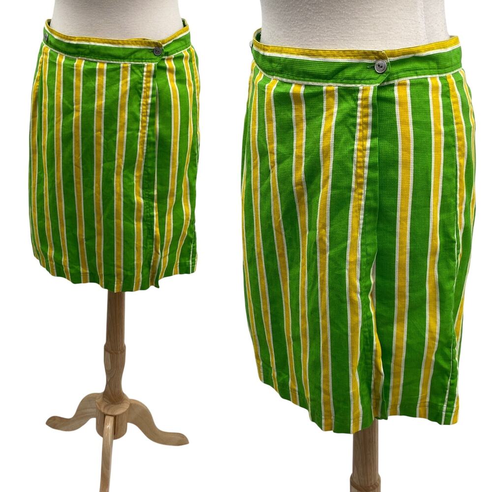 Vintage 80s Striped Wrap Front Skort Patterned Cotton Lime Green Yellow Womens M